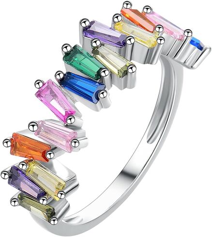 Eternity Rainbow Ring 18K White Gold Plated Emerald-Cut Multi Color AAA Created-Gemstone Rainbow Ring, Wedding Band for Women Gift For Her in Kuwait