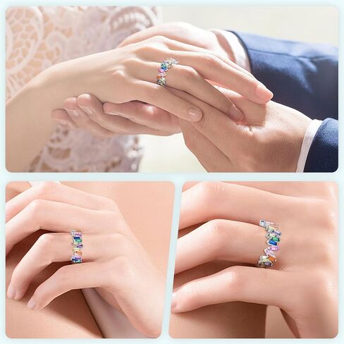 Eternity Rainbow Ring 18K White Gold Plated Emerald-Cut Multi Color AAA Created-Gemstone Rainbow Ring, Wedding Band for Women Gift For Her in Kuwait