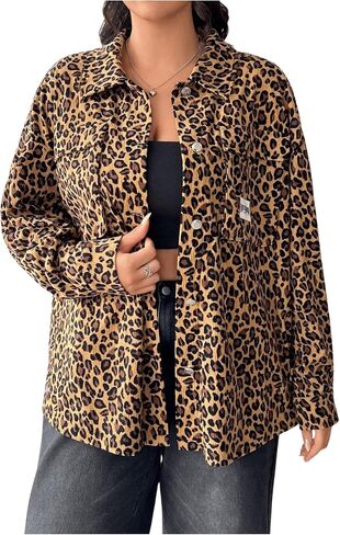 MakeMeChic Women's Plus Size Leopard Print Button Down Blouse Coat Long Sleeve Collared Outerwear in Saudi Arabia