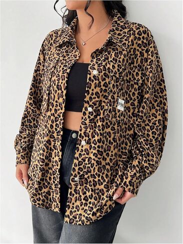 MakeMeChic Women's Plus Size Leopard Print Button Down Blouse Coat Long Sleeve Collared Outerwear in Saudi Arabia