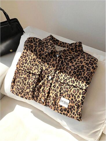 MakeMeChic Women's Plus Size Leopard Print Button Down Blouse Coat Long Sleeve Collared Outerwear in Saudi Arabia