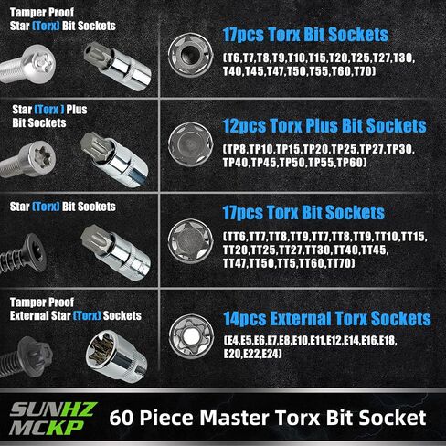 SUNHZMCKP 60-Piece Master Torx Bit Socket and External Torx Socket Set, S2 Alloy steel，E4-E24, T6-T70,TT6-TT70,TP8-TP60,The best auto repair tool in Saudi Arabia