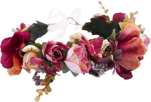 Vivivalue Adjustable Flower Headband Women Floral Crown Hair Wreath Flower Headpiece Halo Boho with Ribbon Wedding Party Festival Photos Maroon in Kuwait