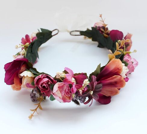 Vivivalue Adjustable Flower Headband Women Floral Crown Hair Wreath Flower Headpiece Halo Boho with Ribbon Wedding Party Festival Photos Maroon in Kuwait
