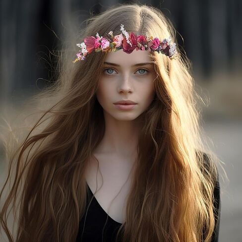 Vivivalue Adjustable Flower Headband Women Floral Crown Hair Wreath Flower Headpiece Halo Boho with Ribbon Wedding Party Festival Photos Maroon in Kuwait