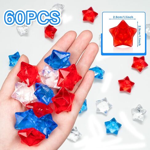 QEQEKAKA 60 PCS Vase Filler Acrylic Star Gems 4th of July Star Crystals Gems Decorations, for Memorial Day & Independence Day Decorations, Patriotic Party Red White and Blue Decorations in Saudi Arabia
