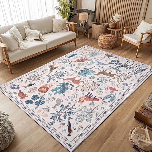Instellar Washable Nursery Playroom Area Rug 5x7, Animal Print Jungle Rugs for Kids’ Bedroom Living Room, Soft Non-Slip Stain Resistant Tiger Carpet, Beige in Saudi Arabia