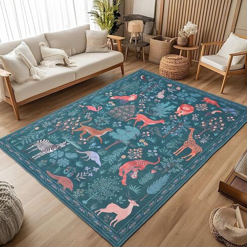 Instellar Washable Nursery Playroom Area Rug 5x7, Animal Print Jungle Rugs for Kids’ Bedroom Living Room, Soft Non-Slip Stain Resistant Tiger Carpet, Beige in Saudi Arabia