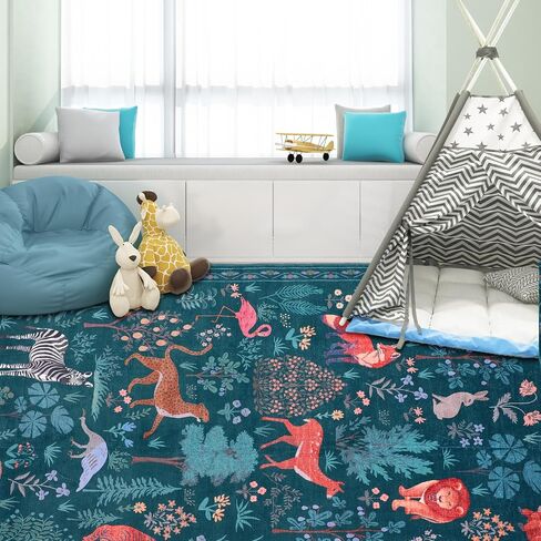Instellar Washable Nursery Playroom Area Rug 5x7, Animal Print Jungle Rugs for Kids’ Bedroom Living Room, Soft Non-Slip Stain Resistant Tiger Carpet, Beige in Saudi Arabia