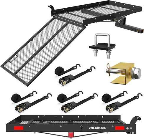 WILDROAD Hitch Cargo Carrier with Ramp 50" x 29" x 4" 500 LBS Folding Trailer Hitch Cargo Carrier Fits 2" Receiver with Hitch Stabilizer and 4pcs Ratchet Straps in Saudi Arabia
