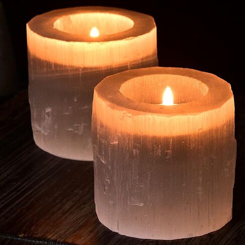 AMOYSTONE Selenite Tealight Holders Natural Crystal Candle Holders Decorative Tealight Candlestick White Candle Stand 2.5" 2PC in Saudi Arabia