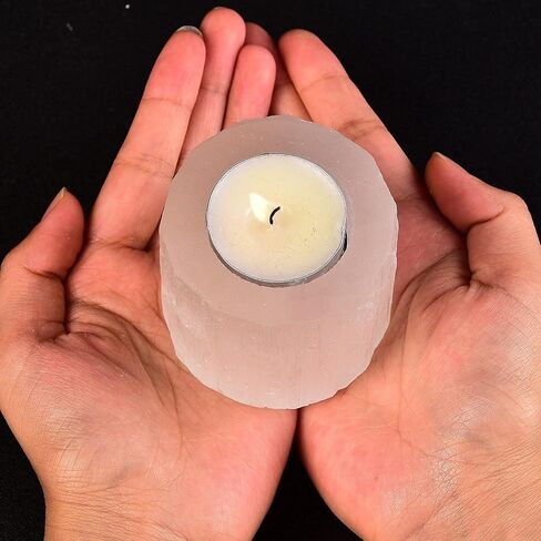 AMOYSTONE Selenite Tealight Holders Natural Crystal Candle Holders Decorative Tealight Candlestick White Candle Stand 2.5" 2PC in Saudi Arabia