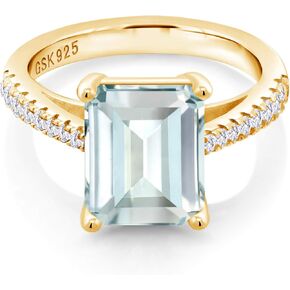 GEM Stone King 3.36 CTTW Sky Blue محاكاة أكوامارين وبيضاء تم إنشاؤها من الياقوت 18K حلقة فضية مصنوعة من الذهب الأصفر للنساء | Emerald قطع 10x8mm | متوفر في الحجم 5 ، 6 ، 7 ، 8 ، 9