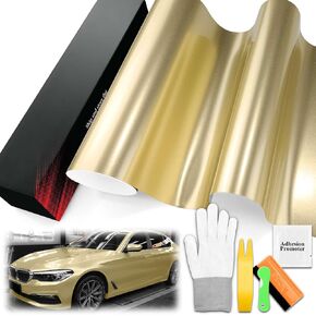 1FTx5FT PET Super Gloss Metallic Champagne Gold High Glossy Vinyl Wrap Auto Car Sticker Decal Film Sheet Bubble Free Air Release Technology with Tool Set