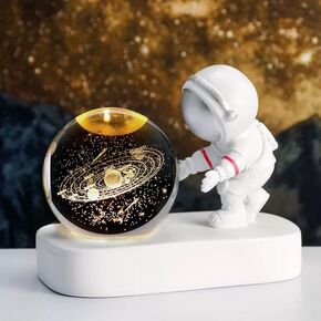 Glowing Crystal Ball 3D Inner Carved Small Crystal Light with Astronaut, Decorative Creative Gift Luminous Ball for Christmas Classmates and Kids Birthday (Silver, Saturn)