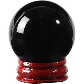 Sportmusies Natural Black Obsidian Stone Sphere with Wooden Stand, Polished Crystal Ball Decoration for Home & Office