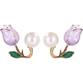 Tulip Earrings For Women Pearl Flower Stud Cuff Earrings Front Back Earrings For Party