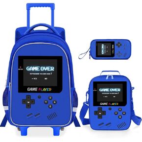 حقيبة الظهر المتداول للأطفال - 3pcs Gamer Boys Rolling Backpack مع مجموعة حقيبة الغداء ، وحرفية الكتب في المدارس المتوسطة الابتدائية مع مقبض قابل للتعديل للسفر والمدرسة in Kuwait