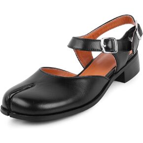 Black Split Toe Pumps For Women Tabi Flat Sandals With Buckle Strap Fashion Slingback Falts Comfortable Chunky Heel Dress Shoes For Casual Office Walking