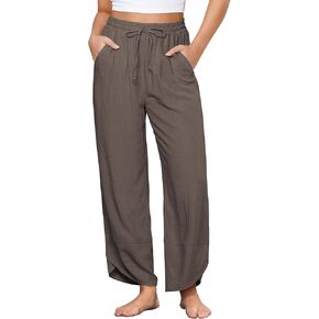 GRAPENT Linen Pants Women High Waisted Wide Leg Casual Beach Pull On Elastic Waist Summer Cropped Pants with Pockets