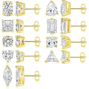 9 أزواج أقراط مسمار مجموعة 18 ألف بيضاء/صفراء الذهب hypoallergenic zirconia zirconia round square spieder eyt heart cz 4 prong roping for women and men 6-11mm