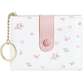 Sunwel Fashion Cherry Prints Rose Wallet Small Bifold Wallet with Zipper Coin Purse Card Window Window for Women Girls (Cream)