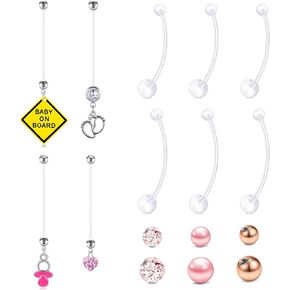 FECTAS 35mm 38mm Pregnancy Belly Button Rings Flexible Bioplast Long Bar Belly Rings for Maternity Clear Navel Piercing Retainer with Replacement Balls