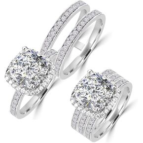 101 Facets 2 Carat Princess Cushion Cut NSCD Simulated Diamond Ring Double Band Set 925 Silver Platinum Plated Halo
