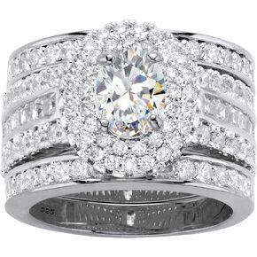 Platinum over Sterling Silver Oval Cut Cubic Zirconia Double Halo Bridal Ring Set