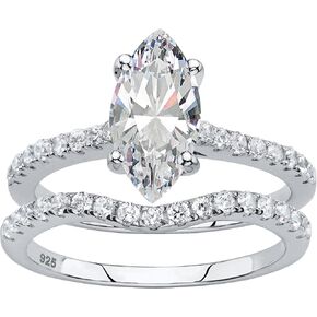 Palm Beach Jewelry Platinum over Sterling Silver Marquise Cut and Round Cubic Zirconia 2 Piece Bridal Ring Set