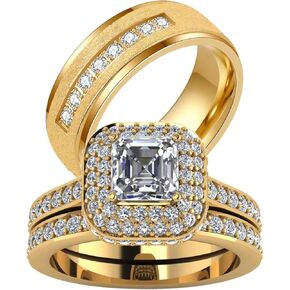 ringheart Couple Rings Matching Rings Yellow Gold Plated 1.5CT AAA CZ 2pcs Women Wedding Ring Sets for Him and Her Rings Men Band
