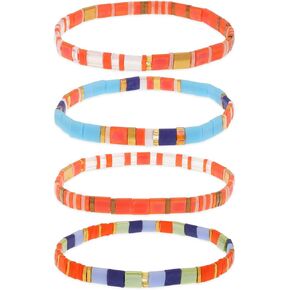 Tila Flat Beaded Bracelets Set for Women, 4Pcs Trendy Miyuki Glass Stack Beads Stretch Bracelet Outfit Accessories Jewelry Gift.