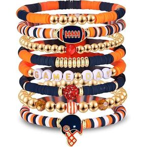 Game Day Bracelets for Women Football Bracelets Stackable Heishi Clay Beaded Stretch Bracelets Charm Sports Fan Charm Bracelet Bangles Football Mom Accessories Jewelry Gifts