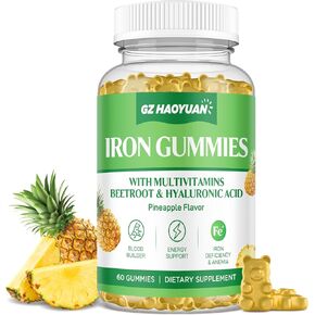 Iron Gummies for Women - Iron Supplement Gummies for Kids & Adults with Multivitamin for Blood Builder, Energy, Iron Deficiency & Anemia - Sugar Free Vegan Iron Gummies Pineapple 60 ct