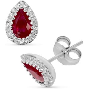 14K White Gold Genuine Ruby 1Ct Pear Shaped Diamond Stud Earrings