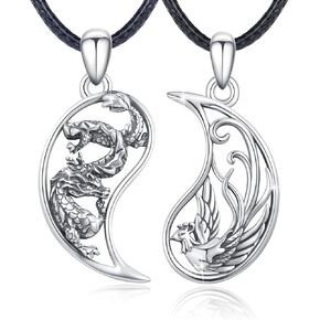 OHAYOO Dragon Phoenix Matching Necklace for Couples 925 Sterling Silver Yin Yang Pendant Necklaces for Couples Jewelry for Him and Her
