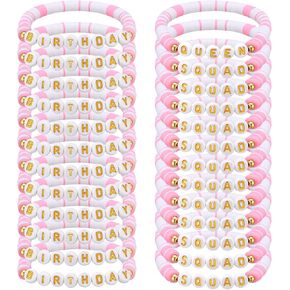 Quelay 24 Pack Birthday Party Polymer Clay Letter Beaded Stretch Bracelet Birthday Squad Gold Heart Beaded Bracelet Gradient Color for 20th 30th 40th 50th 60th Party Favor Gift