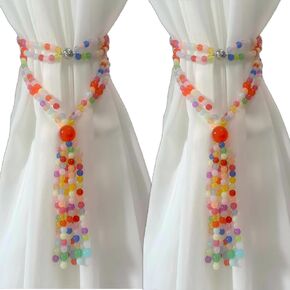 Magnetic Curtain Tiebacks, Curtain Tie Backs for Curtains 2 Pack, Colorful Beaded Tassel Sheer/Drapery Curtain Holdbacks, Boho Hanging Decor for Mordern Farmhouse Home Office