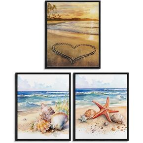 WEZADUK Beach Wall Art Decor, Seashell Starfish Ocean Wall Art Poster, Coastal Beachy Room Decor Aesthetic, Beach Pictures for Bedroom, 8x10 Inches Set of 3 Unframed