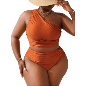 SweatyRocks Women's Plus Size 2 Piece Ruched One Shoulder High Waisted Tankini Swimsuit Bathing Suit