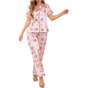 WDIRARA Women's 2 Piece Bow Cherry Print Satin Pants Pajama Set Button Down Short Sleeve Sleepwear Pjs