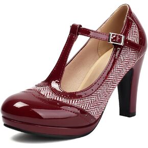Women's Mary Jane Two Tones 1920s Pump HeelsWingtip Classic and Retro Oxford Pattern Vintage Round Closed Toe 1950s Ankle Strap Dress Shoes