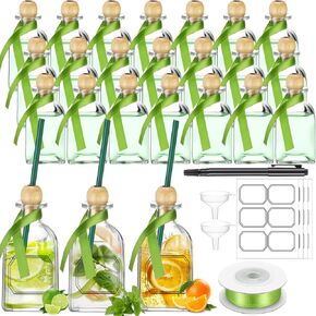 Husheee 24 PCS زجاجات راعية زجاجية مع Cork Straw 120 مل مصغرة زجاجات تيكيلا الفارغة للمشروبات الصغيرة قابلة لإعادة الاستخدام كؤوس الخمور راعي الزجاج الصافي مع حفل زفاف الشريط الحريري