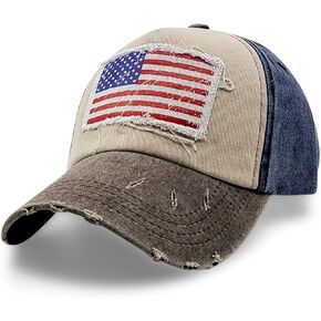 Vintage Distressed USA Hat - Low Profile Mens Baseball Cap with American Flag, Stylish Dad Cap, Perfect Veteran Ballcap for Men, American Flag Baseball Cap, USA Collection Brown/Blue