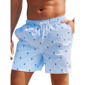 MakeMeChic Men's Textured Tropical Print Drawstring Waist Summer Beach Shorts Swim Trunks