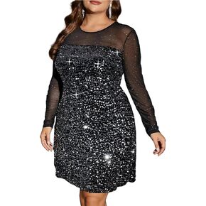 Sheer Mesh Dress for Women Long Sleeve Sequin Party Dress, Sparkly Plus Size Formal for Weddings & Events