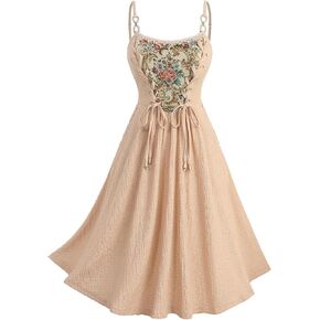 ROSE GAL Women Plus Size Renaissance Floral Lace-up Lace Panel Summer Cami Dress