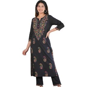 Yash Gallery Women's Black Chikankari Printed Straight Kurta with Pant set For Summer
