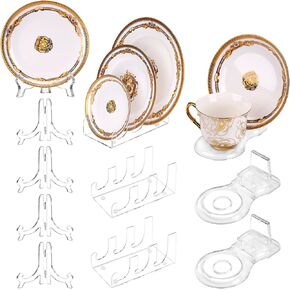 8 Pack Acrylic China Dinnerware Display Stand 4 Pcs 4 Inch Acrylic Easel Holder 2 Pcs Tea Cup Display Stand 2 Pcs 3 Tiers China Plate Holder for Dinner Utensils Tableware, Picture