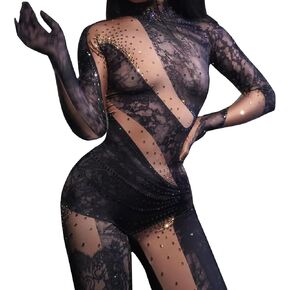 Sexy black rhinestones Printed Jumpsuit Gloves Performance Singer Stage club Birthday drag queen Costumes spandex